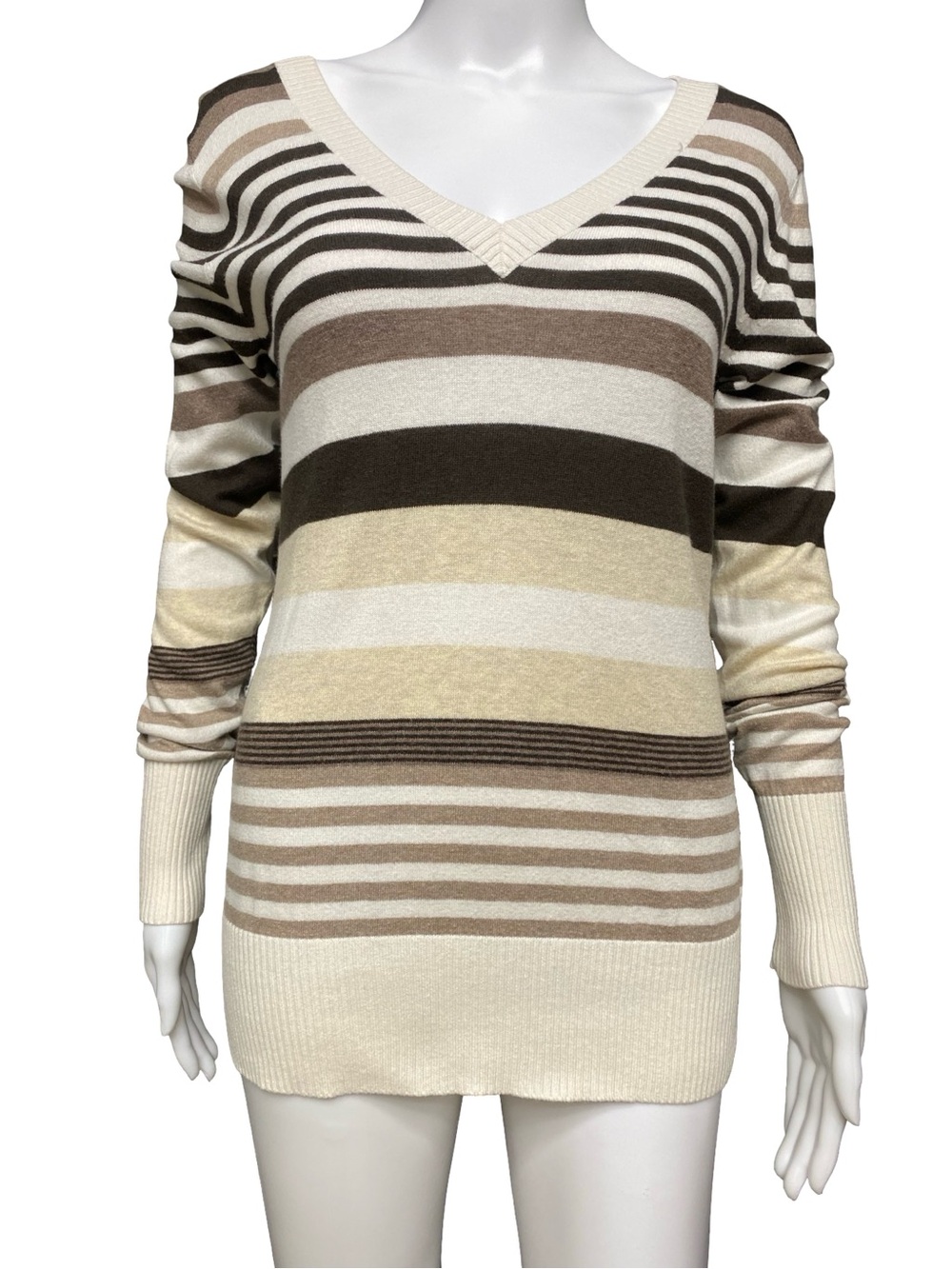 Old Navy Striped V-Neck Tunic Sweater Women’s Medium Cream Brown Long Sleeve